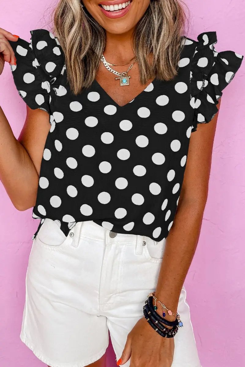 Black Polka Dot Print Ruffled Sleeve V Neck Blouse for Women - Love Salve